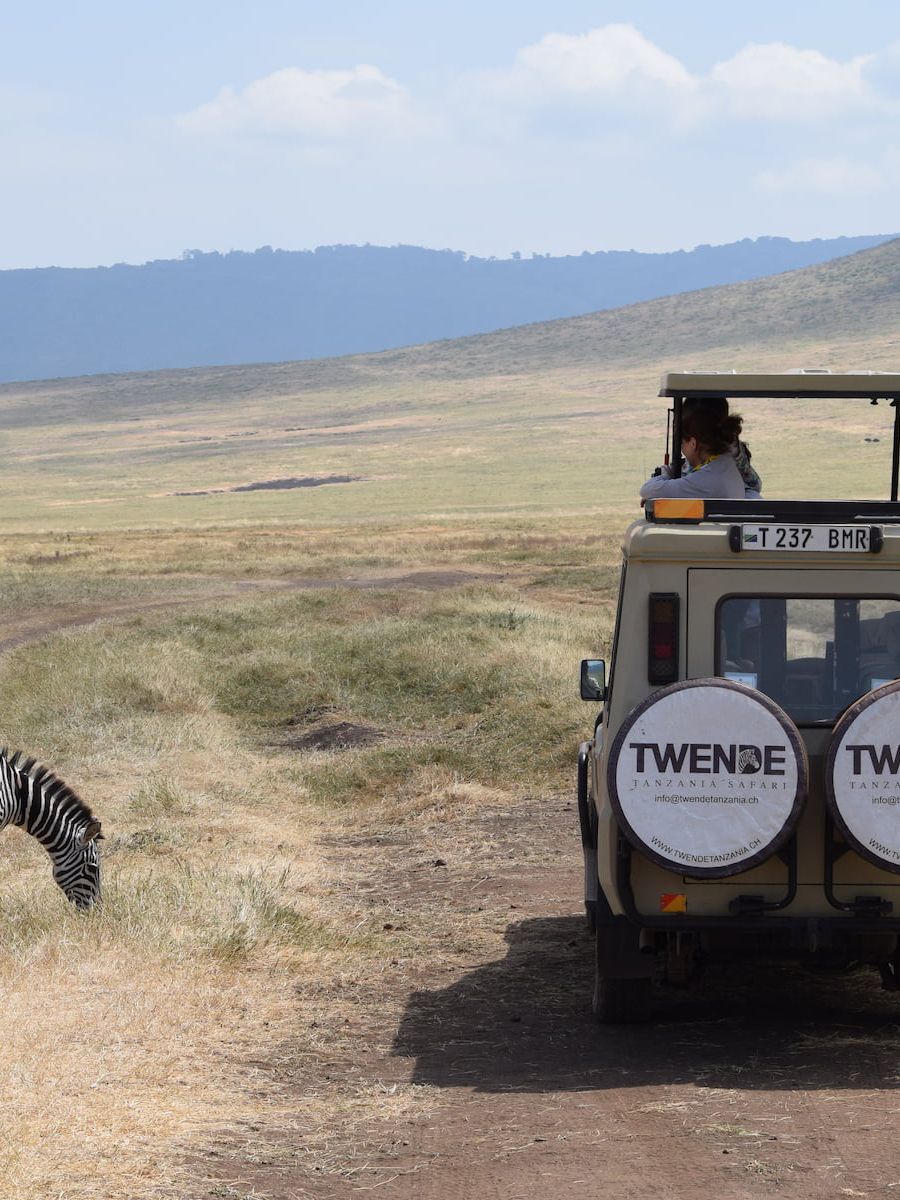 Jeep von Twende Tanzania Safari neben Zebras im Ngorongoro Krater